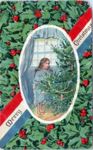 Postcard Patriotic Xmas  Arthur Horowitz - Girl and Christmas Tree Holly