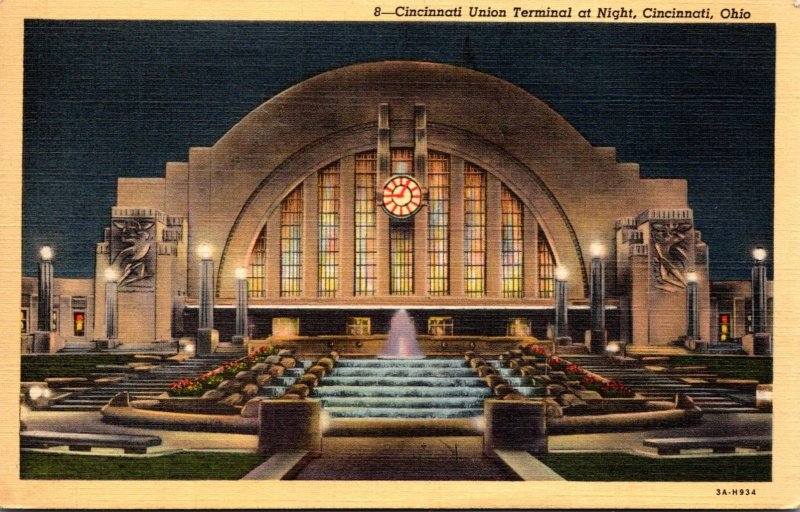 Ohio Cincinnati Union Terminal At Night 1942 Curteich