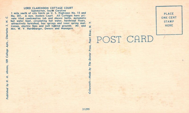 Vintage Postcard Lord Clarendon Cottage Court Summerton South Carolina S. C.