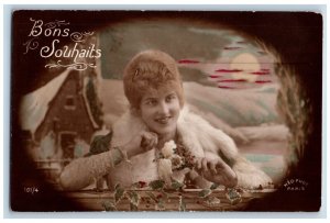 France Postcard RPPC Photo Best Wishes Pretty Woman Berries c1910's Antique