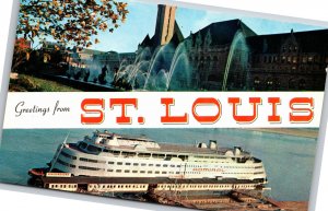 Banner Greeting~Sternwheeler & Fountain St Louis Missouri~Vintage Postcard