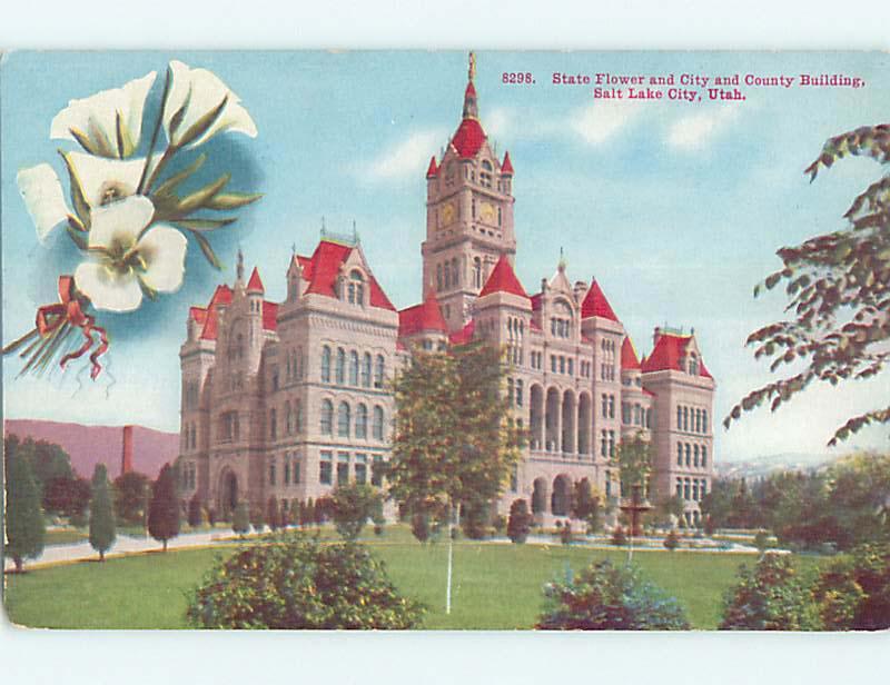 Unused Divided-Back STATE FLOWER AND COUNTY BUILDING Salt Lake City UT p1036