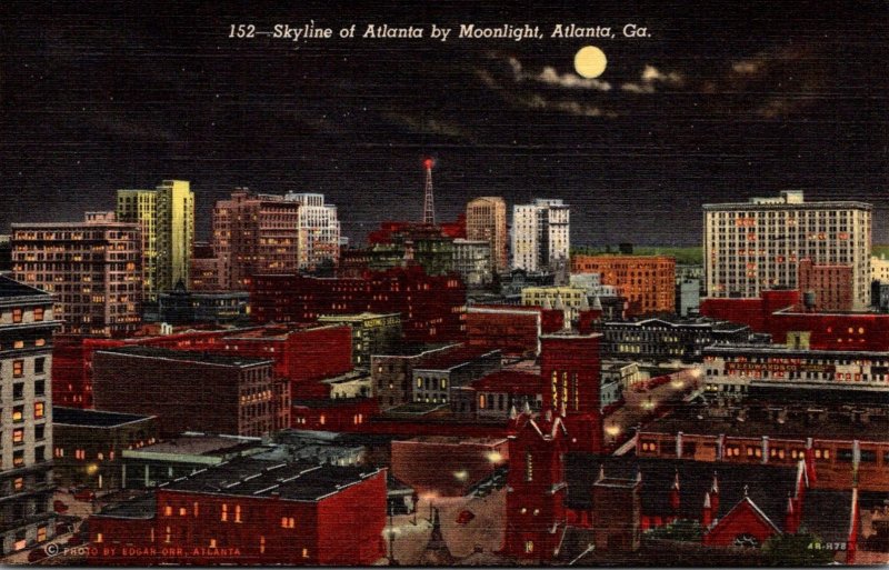 Georgia Atlanta Skyline By Moonlight Curteich