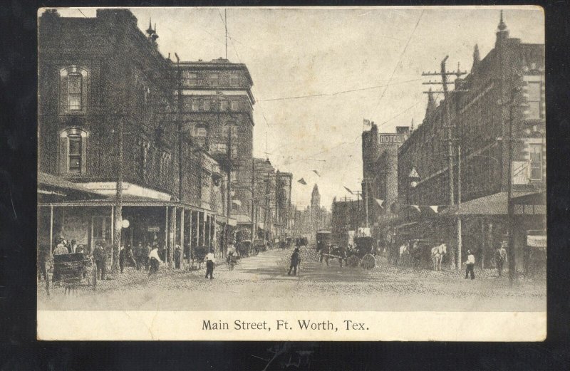 FORT WORTH TEXAS DOWNTOWN MAIN STREET SCENE 1906 B&W VINTAGE POSTCARD