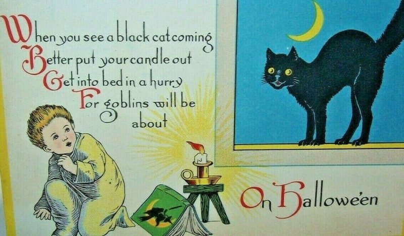 Vintage Halloween Postcard Black Cat Moon Light Nash Unused Series 27 Original 