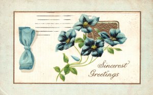 Vintage Postcard Sincerest Greetings Card Blue Ribbon & Flowers Floral Blooms