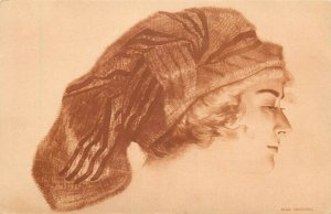 Art nouveau artist signed Max Bruning drawn woman head postcard