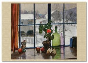 Windows Interior Wine Glass Bottle Flowers Painting by Woodward Russian Postcard