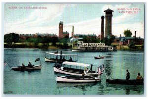 c1910's Greetings From Kankakee Scene On Kankakee River Boats Illinois Postcard