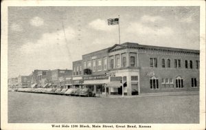 Great Bend Kansas Main St West Side 1200 Block Shops c1930-50s Vintage Postcard