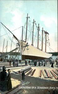 Bath Maine Schooner Launching Tall Ship c1900-20s Vintage Postcard