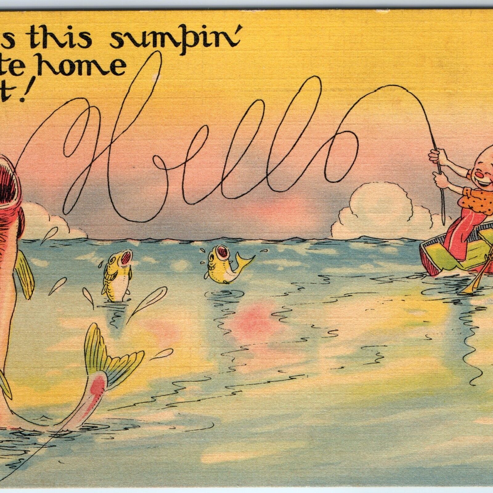c1940s Comic Fishing Exaggerated Hello Pole Line Linen PC Boat