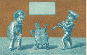 1880s-90s Children Playing Music Turtle Dancing Gold Background Trade Card