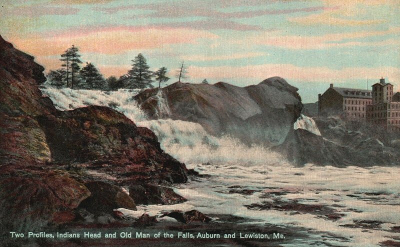 Vintage Postcard Two Profiles Indians Head & Old Man Of Falls Auburn & Lewiston 