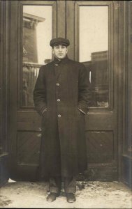 Handsome Man in Nice Trench Coat Overcoat REAL PHOTO c1910 Postcard