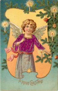 Vintage Embossed Postcard Christmas Angel Purple Metallic Ink on Blouse Ser.397