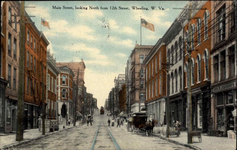 Wheeling West Virginia WV Main Street Horse Drawn Wagon Vintage Postcard