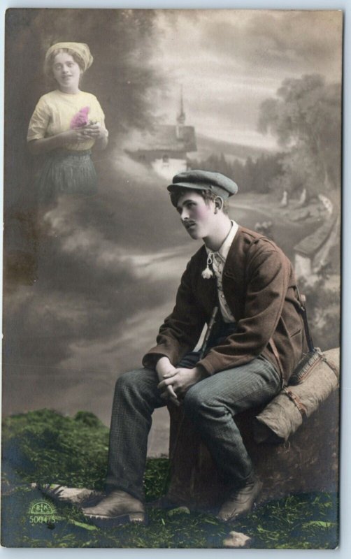 c1900s Somber Lonely Man Dreaming of Woman RPPC Sad Handsome Real Photo PC A136