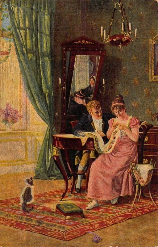 House Cat Watching Woman Sewing, Old Postcard