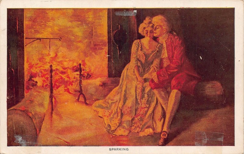 A634 Art Love Romance 1926 Georgian Couple Hugging by Chimney Fire postcard