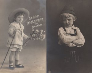 German Cheeky Puzzled Boy Child In Braces 2x Old Postcard s