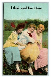 Vintage 1900's Tinted Photo Postcard Alluring Women on a Fence Humor