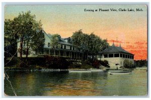 c1910 Evening Pleasant View boat Canoe Clarks Lake Michigan MI Vintage Postcard