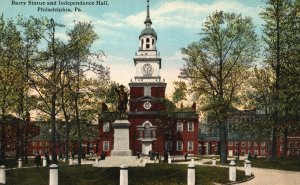 Vintage Postcard Barry Statue and Independence Hall Philadelphia Pennsylvania PA