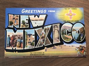 Vtg 1940s GREETINGS from NEW MEXICO State Zia Sun Symbol Large Letters Postcard