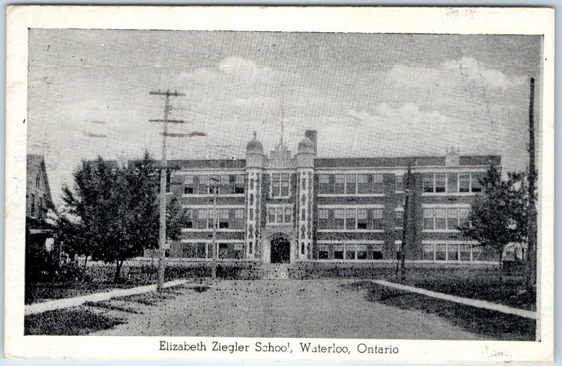 c1940s Waterloo ON Elizabeth Ziegler Public School Postcard Gothic Revival Evans