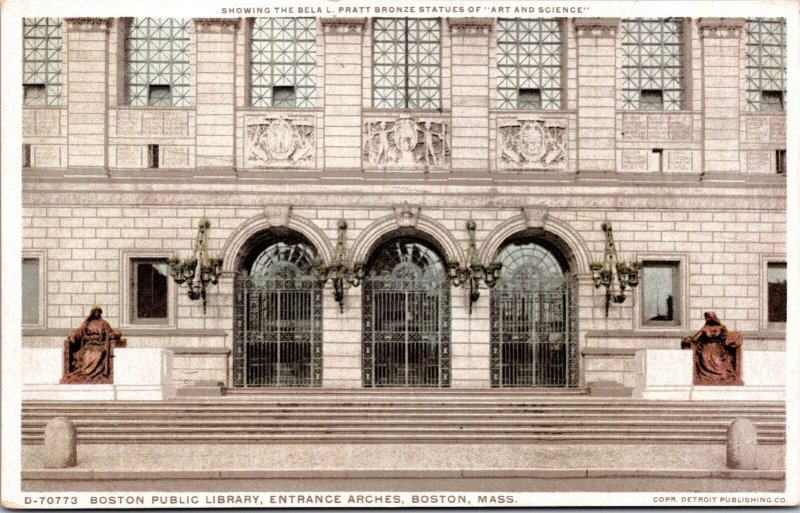Vtg Massachusetts MA Boston Public Library Entrance Arches Statue 1910s Postcard