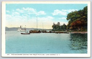 Sagamore Leaving The Trout Pavilion Lake George New York Boats Vessel Postcard