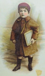 Victorian Trade Card Adorable Little School-Boy Brown Coat Holding Book *E