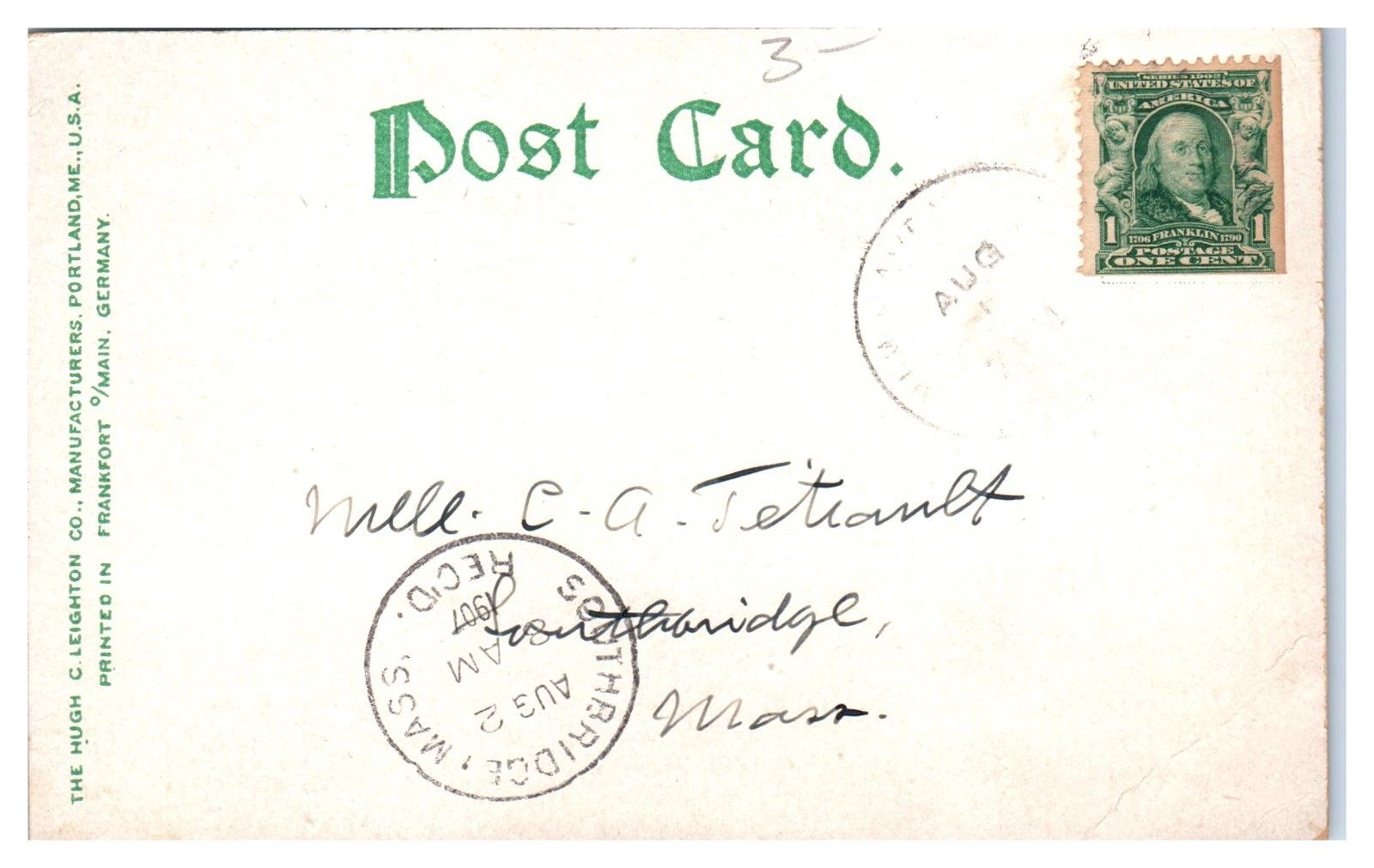 1907 Post Office Square Trolley/Streetcar, Southbridge, MA Postcard