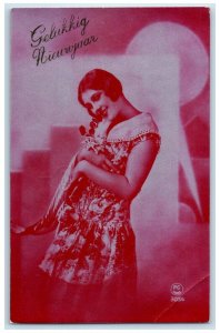 Happy New Year Pretty Woman With Flowers France Unposted Vintage  Postcard