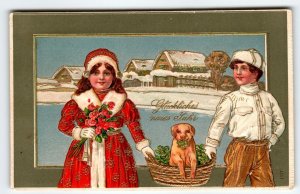 New Year Postcard Children Hold Puppy Dog In Basket Otto Schloss 1117 Embossed