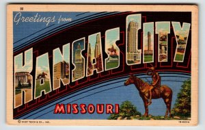 Greetings From Kansas City Missouri Large Letter Postcard Curt Teich Horse Linen