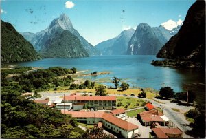Postcard New Zealand Mitre Peak and Hotel Milford Sound