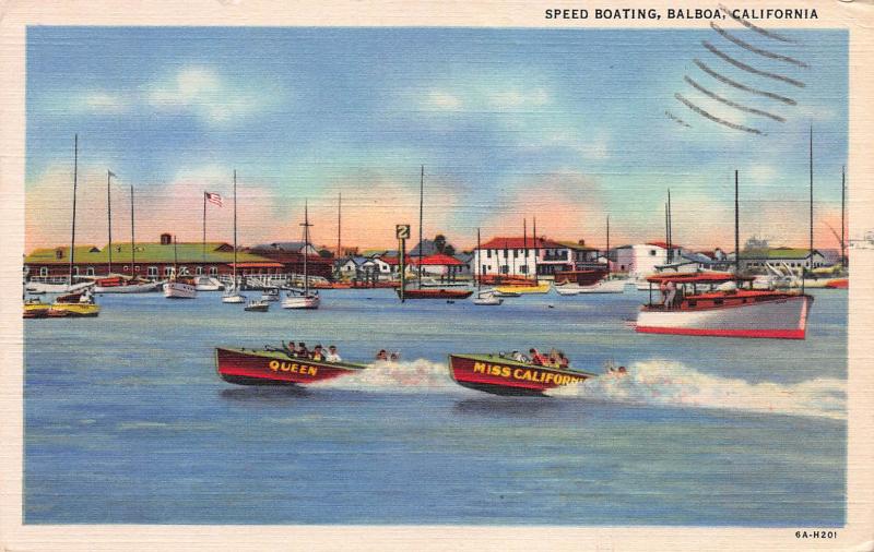 Speed Boating, Balboa, California, Early Linen Postcard, Used