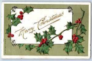 Edgar Wisconsin WI Postcard Merry Christmas Holly Berries Embossed 1910 Posted