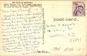 Greetings From Wisconsin State Map Postcard PM Madison WI Cancel WOB Note VTG 