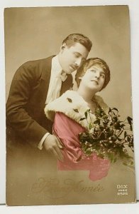 Romance Couple Fine Clothing RPPC Hand Colored Photo Postcard I19