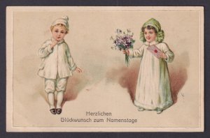 Vintage German Name Day postcard children girl with flowers and letter