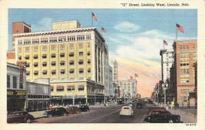 LINCOLN, Nebraska NE ~  O STREET SCENE  Kindy~Golds~Cars  ca1940's Postcard