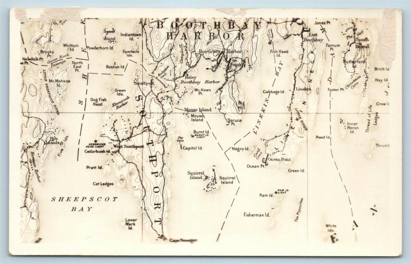 Postcard ME RPPC Map Boothbay Harbor Sheepscot Bay Southport Named Islands S5