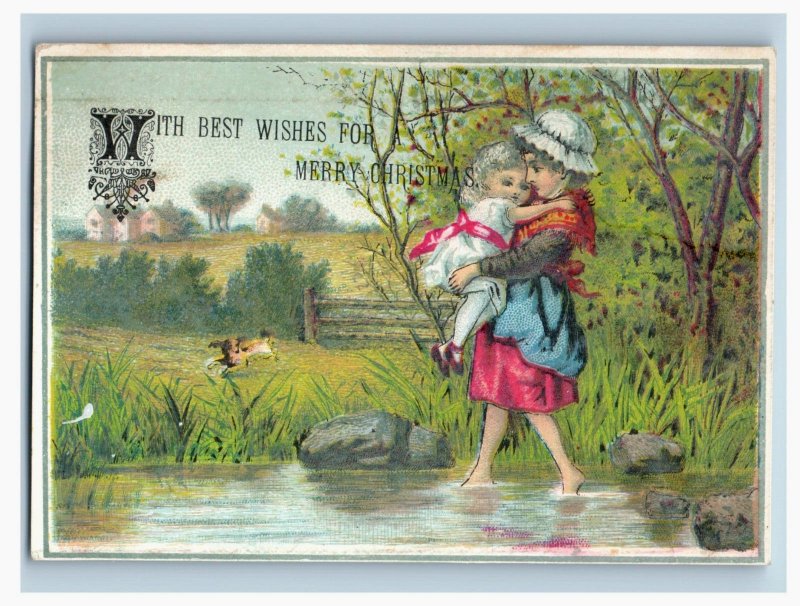 1880s Victorian Christmas Trade Card Children Creek Country F120