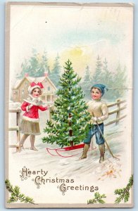 Lewiston MN Postcard Christmas Greetings Childrens Pinetree Winter Embossed 1913