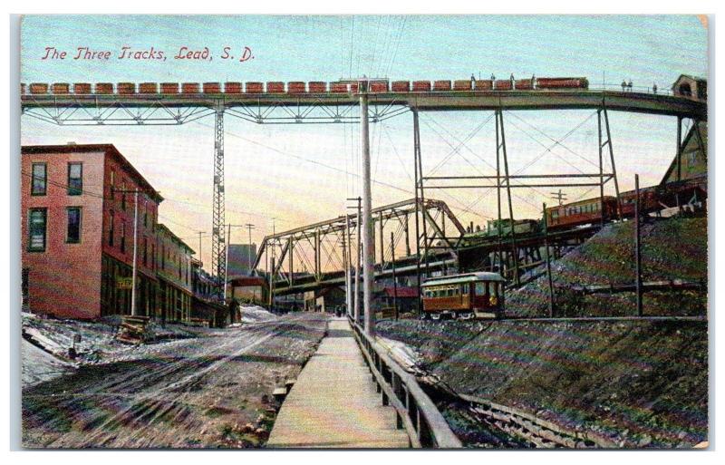 Early 1900s The Three Tracks, Lead, SD Postcard
