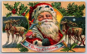 Christmas~Santa In Ermine Fur Inset~Toys~Reindeer Full Moon~Calligraphy~c1910