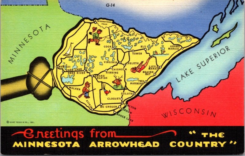 Linen Postcard Highway Road Map Greetings From Minnesota Arrowhead The Country